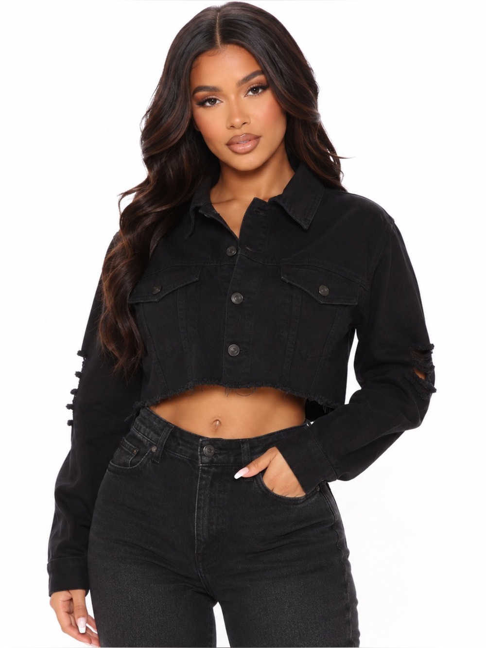 Fashion Nova Cropped Distressed Black Denim Jacket Raw Hem XL